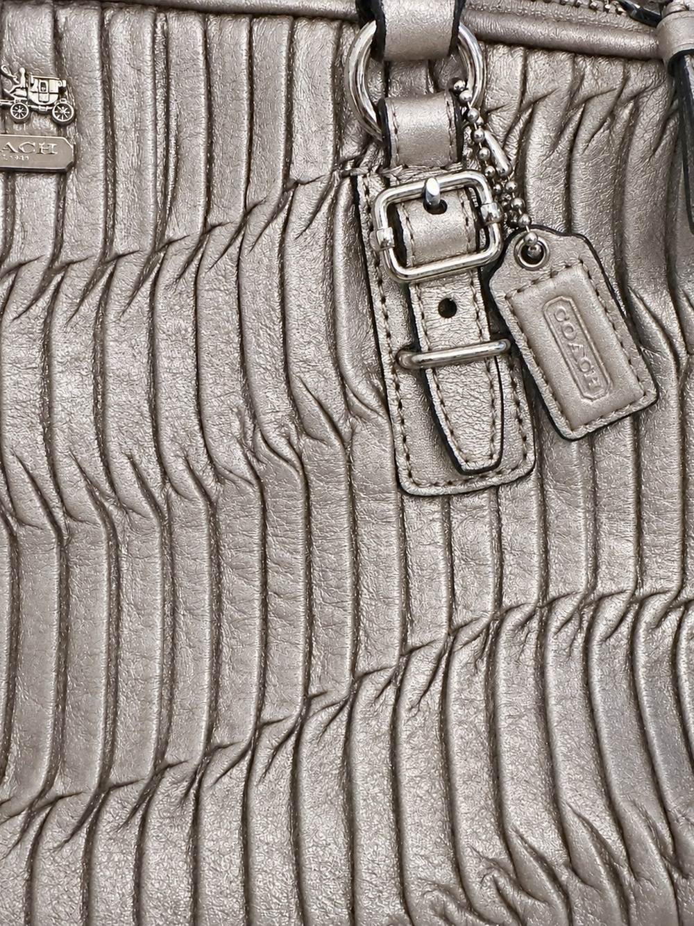 *SOLD* COACH Ashley Metallic Pewter Gathered Leather Satchel Shoulder Bag - Picture 2 of 9